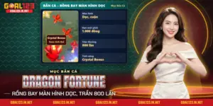 Màn bắn cá Dragon Fortune Goal123 với rồng đỏ bay trên đất xanh và tinh thể thưởng