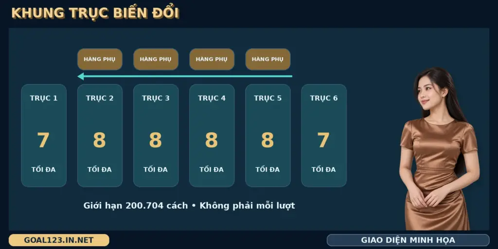 Buffalo King Megaways GOAL123: Hiểu trục quay và Wild nhân 8 Buffalo King Megaways GOAL123 với sơ đồ 6 trục và hàng phụ phía trên các trục giữa