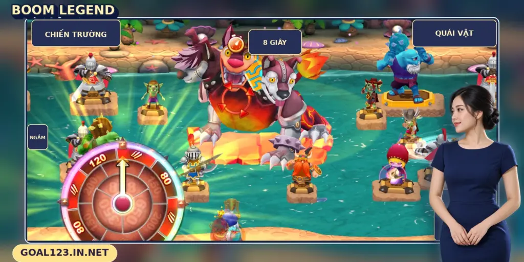 Boom Legend GOAL123: quái vật, vũ khí và cơ chế boss 9 Boom Legend GOAL123 với quái vật lớn và các nhân vật trên chiến trường ven sông