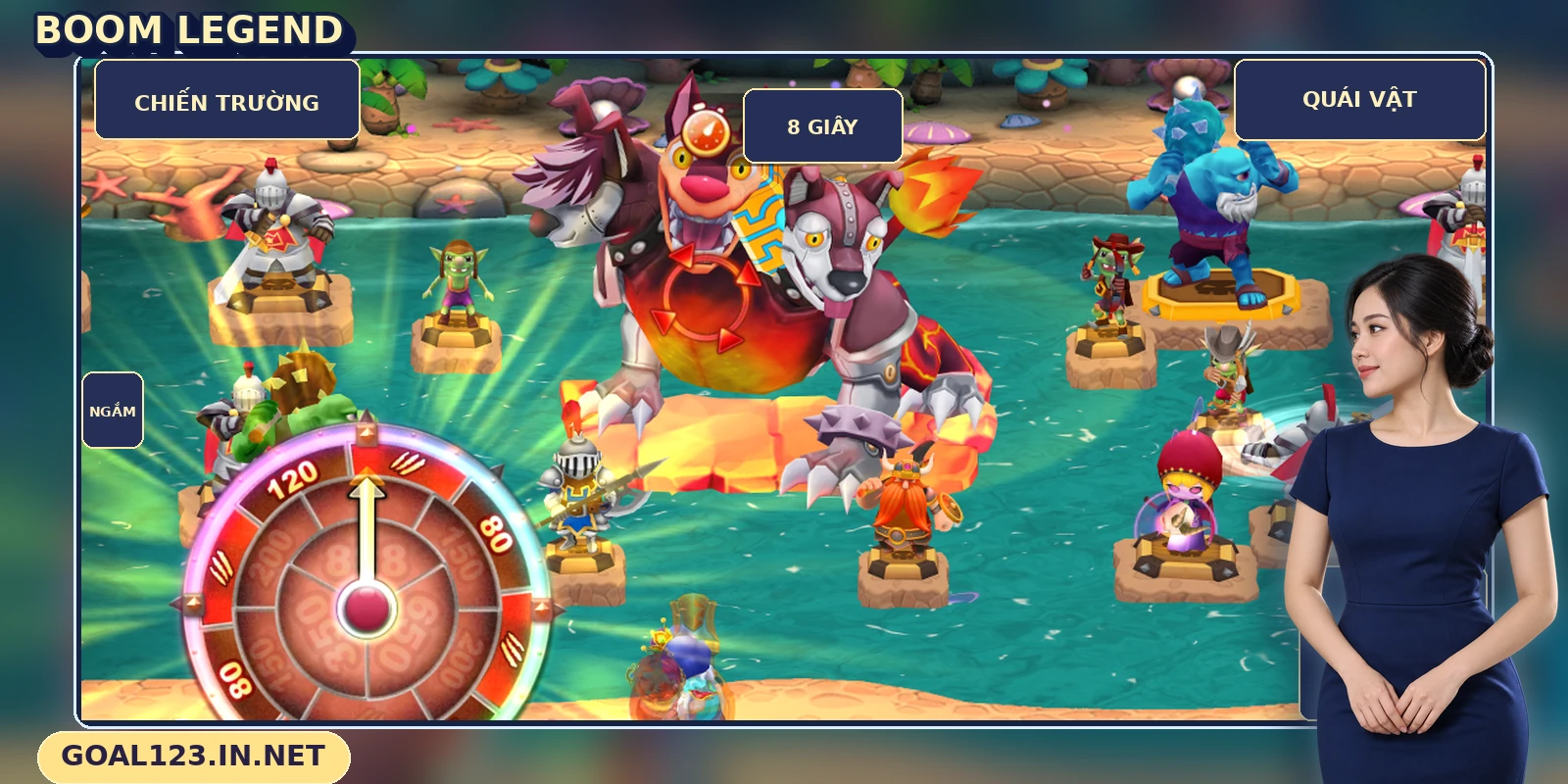 Boom Legend GOAL123 với quái vật lớn và các nhân vật trên chiến trường ven sông