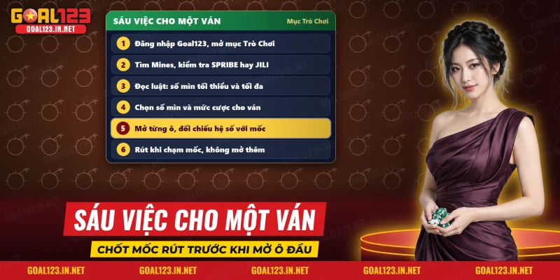 Sáu việc dò mìn Mines Goal123 từ chọn số mìn đến rút theo mốc