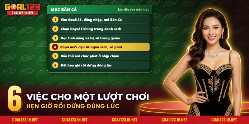 Các bước chọn mức đạn rồi đặt hẹn giờ khi vào Royal Fishing từ mục Bắn Cá của Goal123