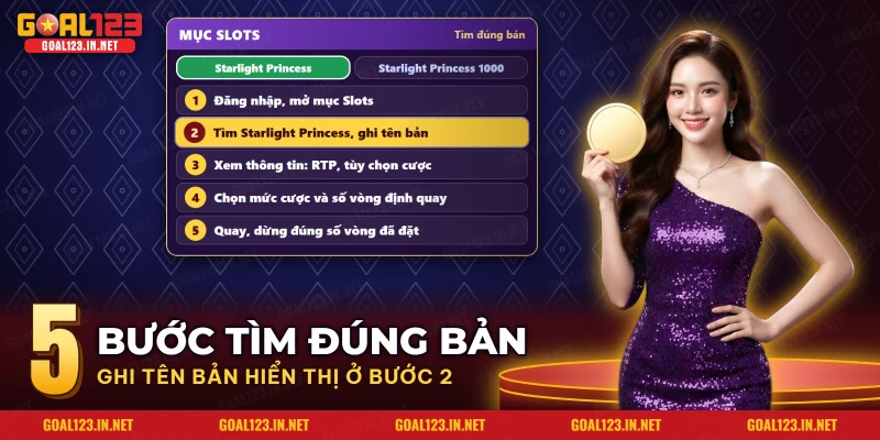 Nổ Hũ Starlight Princess Goal123: Công Chúa Ánh Sao, Nhân Hệ Số 5 Năm bước tìm đúng bản Starlight Princess trong mục Slots của Goal123 rồi chọn mức cược