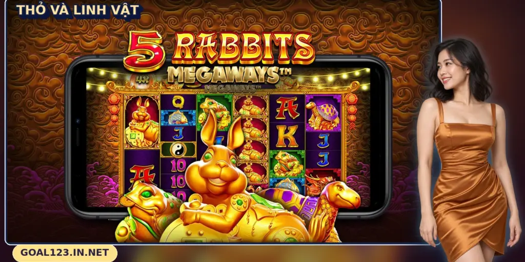 5 Rabbits Megaways GOAL123: biểu tượng, tumble và vòng phụ 2 Thỏ vàng và các linh vật trong 5 Rabbits Megaways GOAL123