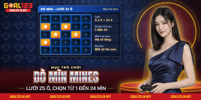 Dò Mìn Mines Goal123: Số Mìn, Số Ô Mở Và Điểm Rút 3 Dò mìn Mines Goal123 với lưới 25 ô, ô an toàn mở ra và ô mìn còn ẩn