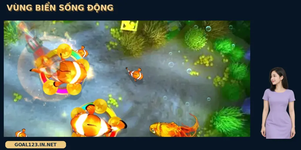 Happy Fishing GOAL123: vòng bạch tuộc và các hiệu ứng biển 2 Happy Fishing GOAL123 với cá nhiều màu và hiệu ứng vòng trong vùng biển