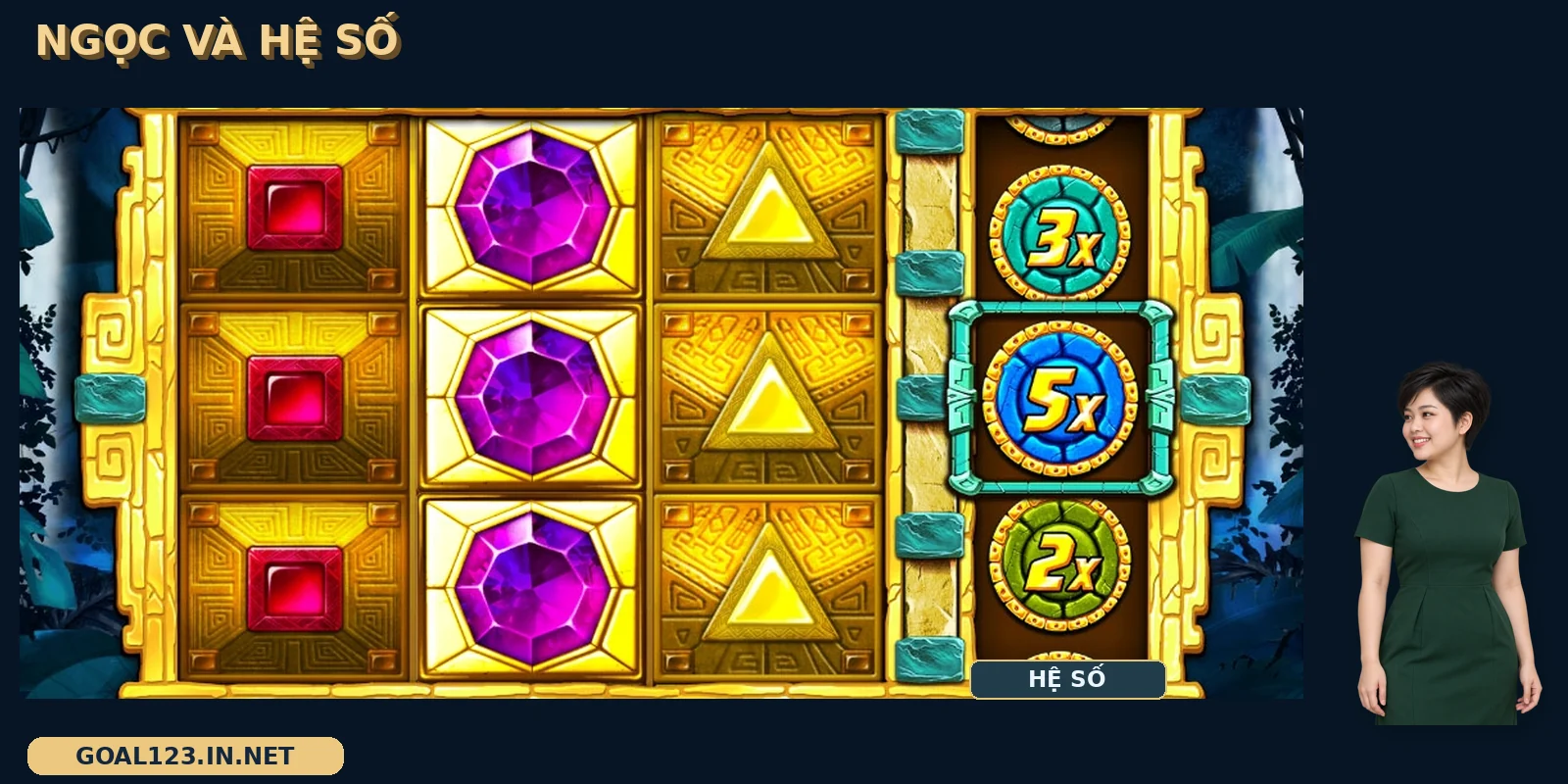 Aztec Gems GOAL123: bản gốc, trục hệ số và các phiên bản 2 Aztec Gems GOAL123 với lưới ngọc 3×3 và trục hệ số bên cạnh