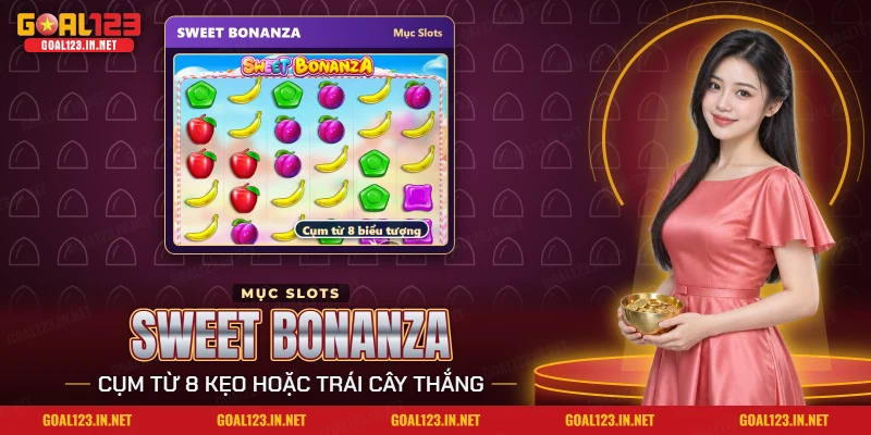 Nổ Hũ Sweet Bonanza Goal123: Kẹo Ngọt, Bảng Trả, Nhân Hệ Số 2 Lưới kẹo và trái cây của nổ hũ Sweet Bonanza Goal123 gồm táo, chuối, mận và kẹo nhiều màu