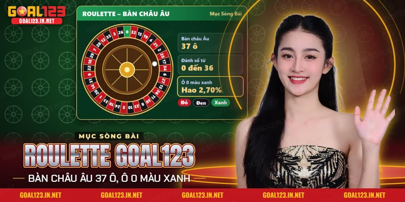 Roulette Goal123 với vòng quay nhiều ô số đỏ, đen, một ô xanh và viên bi trắng