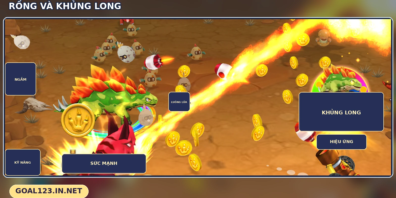 Sinh vật Dinosaur Tycoon gồm rồng phun lửa và khủng long nhỏ trên sân