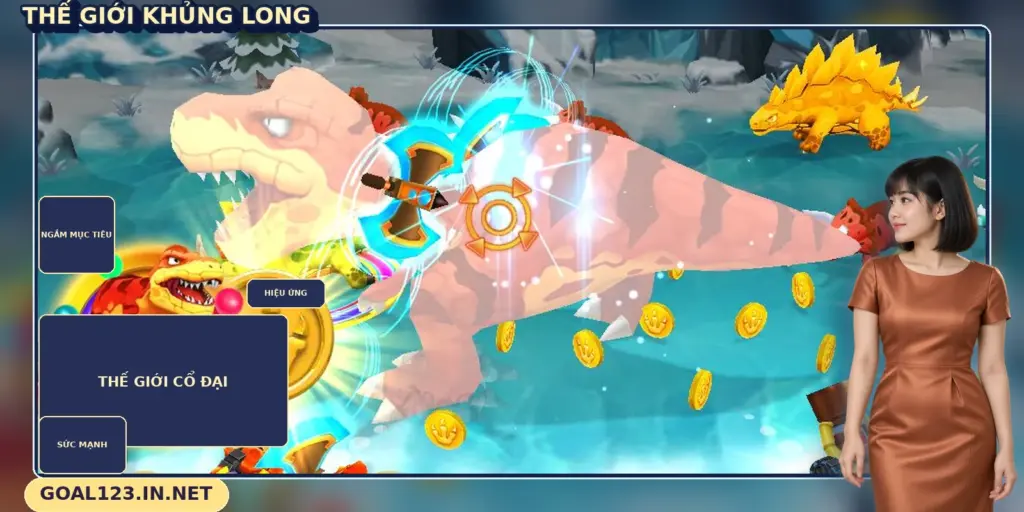 Dinosaur Tycoon GOAL123 với khủng long lớn trên sân băng xanh