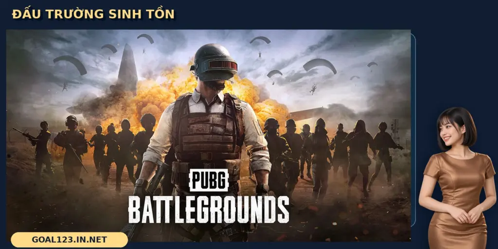 PUBG GOAL123 trên ảnh bìa chính thức với nhân vật đội mũ, các bóng người và dù phía sau
