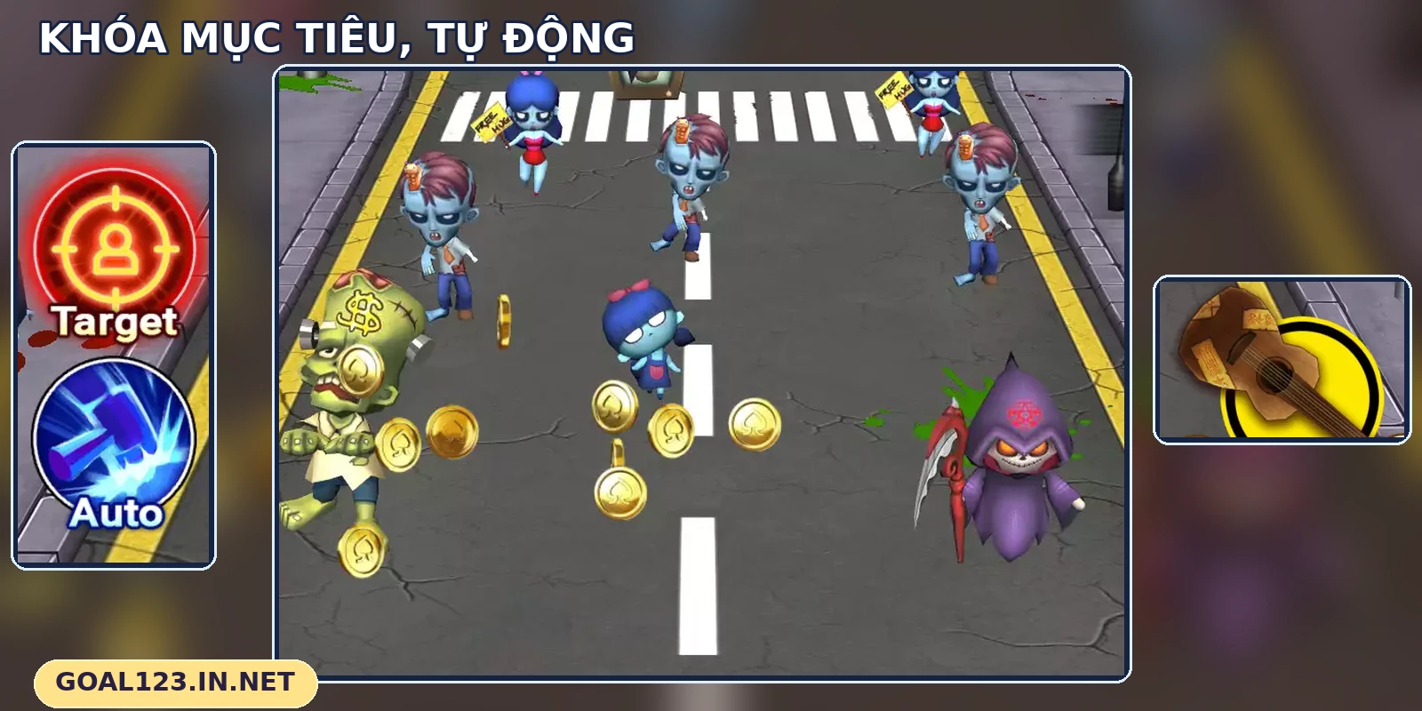 Khu vực khóa mục tiêu, tự động và vũ khí trong Zombie Party GOAL123